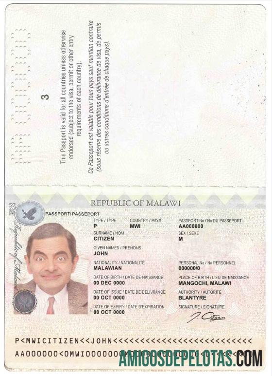 Passaporte Malaui exemplo